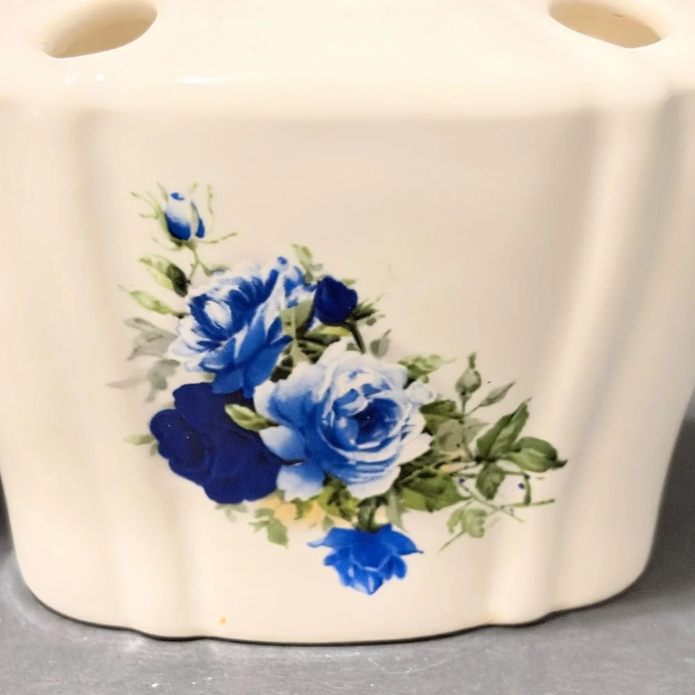 Crown Heritage Blue Rose Ceramic Soap Dispenser & Toothbrush Holder Set England